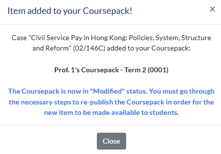 confirmation of adding item to a coursepack